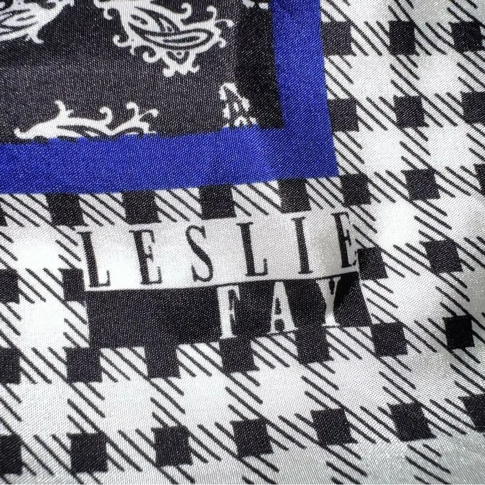 Leslie Fay 100% Silk Scarf Black, White w/Blue & CheckerBoarders Paisley Center